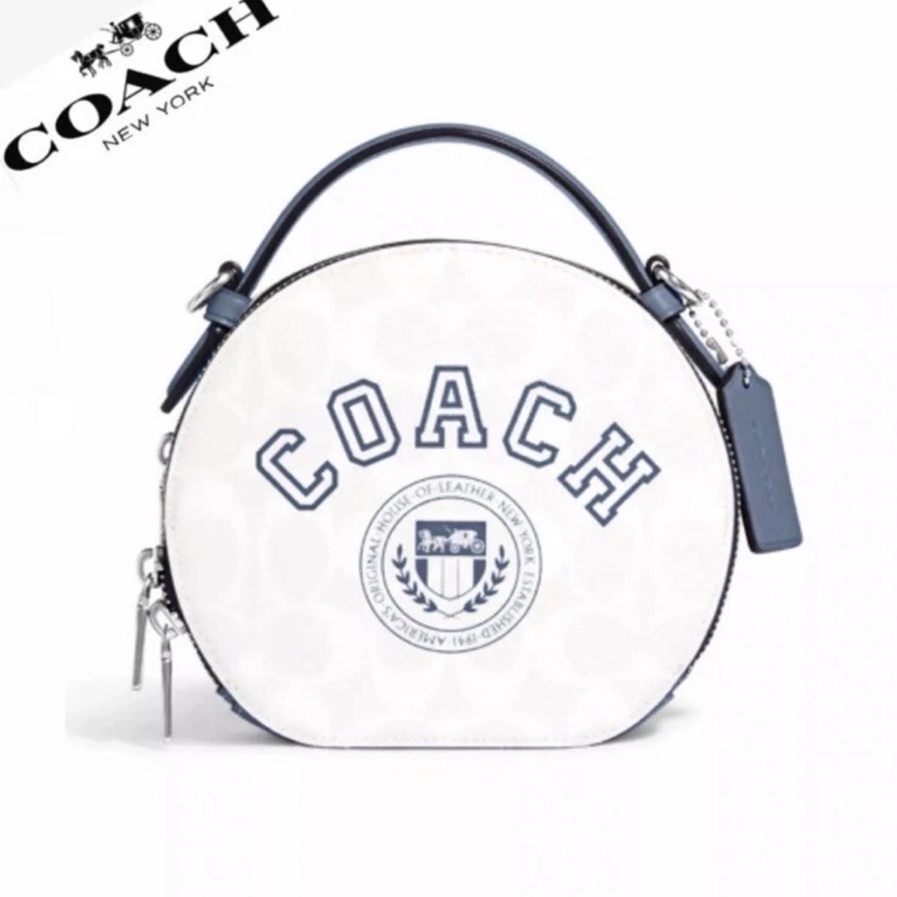 NWT COACH CB870 CANTEEN CROSSBODY IN SIGNATURE CANVAS‎ WITH VARSITY MOTIF.
